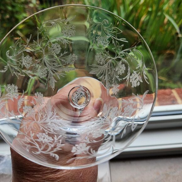 Heather Etch Glasses Set of 2 Iced Tea & Champagne Glass Footed Fostoria 1950s - Picture 13 of 16